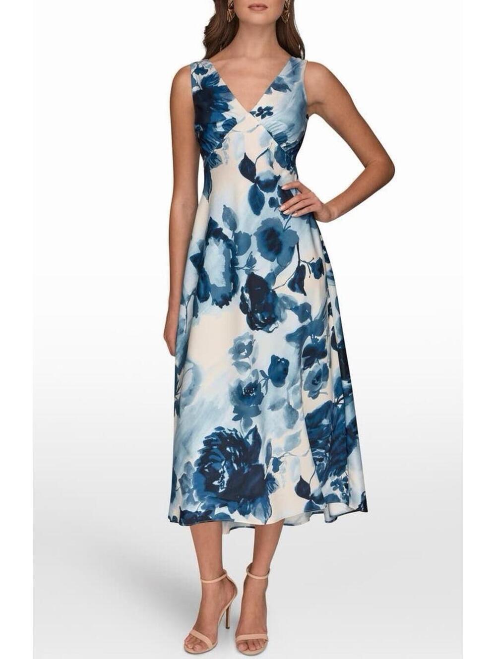 New Donna Karan New York Floral Empire Waist A-Line Dress In Nightfall Multi 6